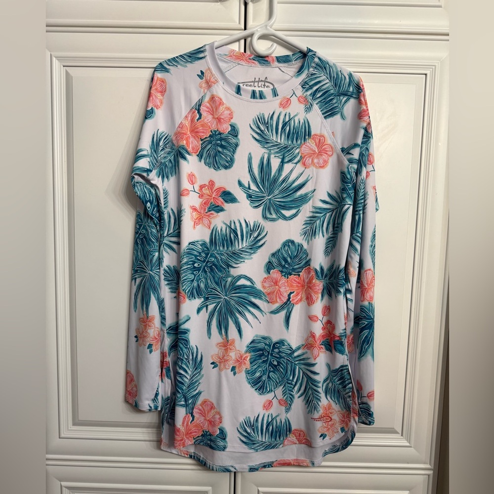 Reel Life Sz XL Jax Beach Waterlily Long Sleeve UV Cover Up White w/Floral Print
